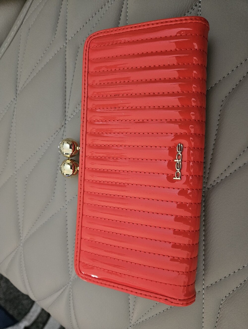 bebe Glossy Coral/red Quilted Patent Kiss-Lock Wallet